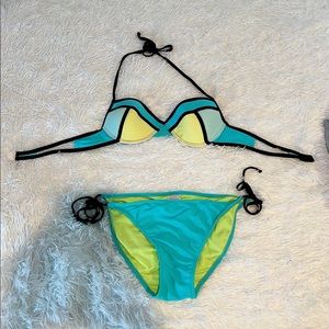 Turquoise Color Block Bikini Set